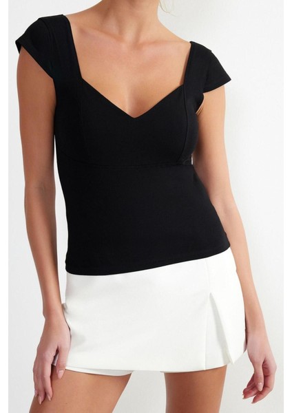 Moda Kalp Yaka Örme Slim Düz Desen Casual Günlük Crop Kolsuz Bluz