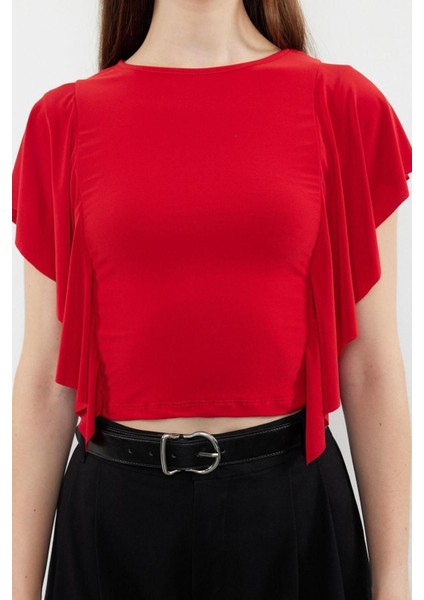 Moda Bisiklet Yaka Örme Slim Düz Desen Casual Günlük Crop Kısa Kol Bluz