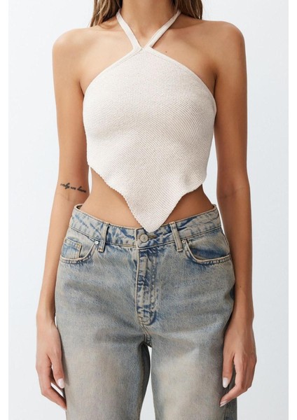 Moda Boyundan Bağlamalı Triko Regular Düz Desen Casual Günlük Super Crop Kolsuz Bluz