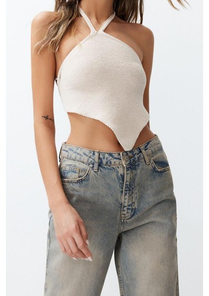 Moda Boyundan Bağlamalı Triko Regular Düz Desen Casual Günlük Super Crop Kolsuz Bluz modelleri
