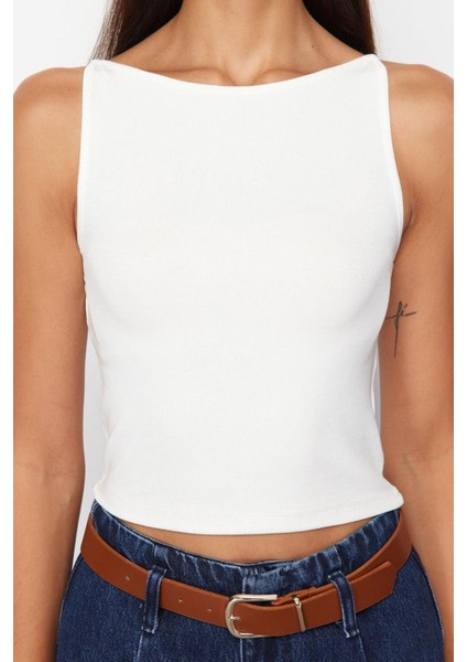 Moda Kayık Yaka Örme Slim Düz Desen Casual Günlük Crop Askılı Kol Bluz