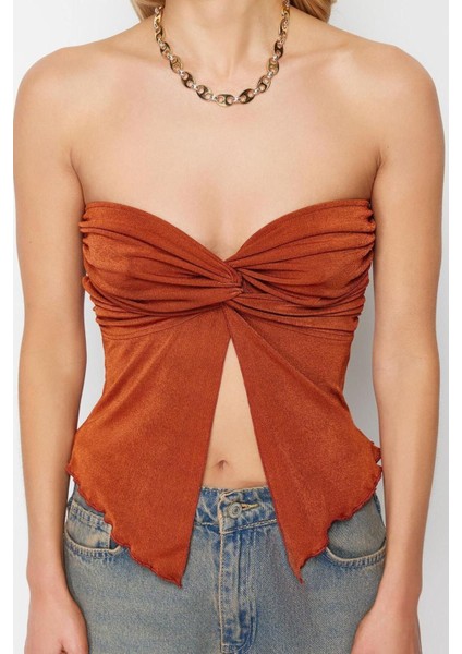 Moda Straplez Örme Slim Düz Desen Casual Günlük Crop Kolsuz Bluz
