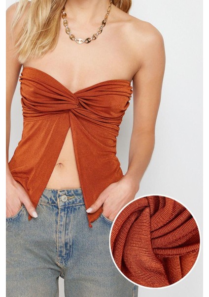 Moda Straplez Örme Slim Düz Desen Casual Günlük Crop Kolsuz Bluz fiyatları