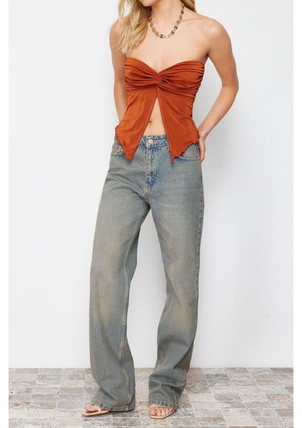 Moda Straplez Örme Slim Düz Desen Casual Günlük Crop Kolsuz Bluz indirimleri
