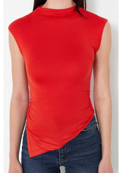 Moda Dik Yaka Örme Slim Düz Desen Casual Günlük Regular Kısa Kol Bluz