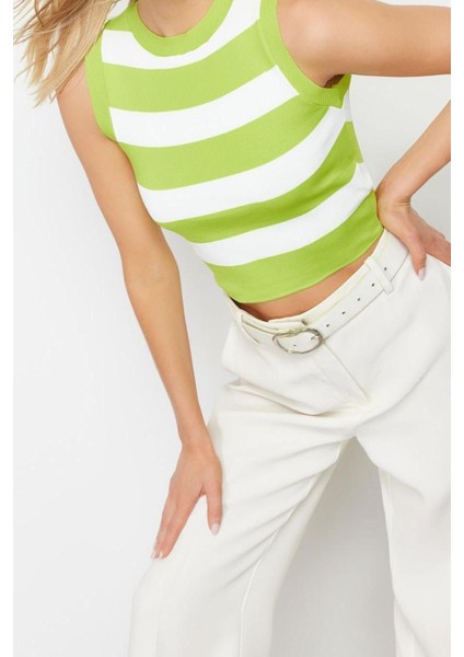 Moda Bisiklet Yaka Triko Slim Çizgili Desen Casual Günlük Crop Kolsuz Bluz modelleri