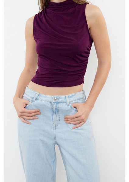Moda Dik Yaka Örme Fit Düz Desen Casual Günlük Crop Kolsuz Bluz fiyatları