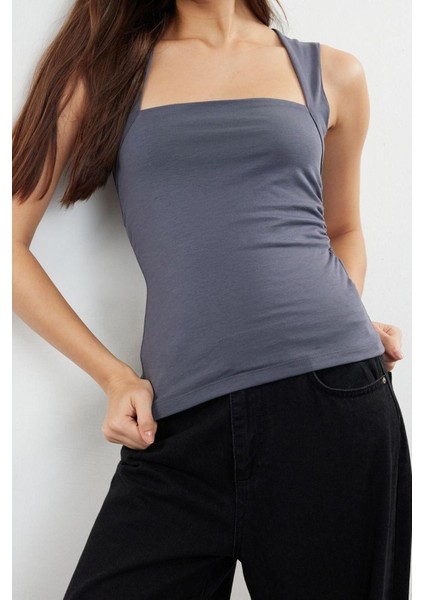Moda Kare Yaka Örme Slim Düz Desen Casual Günlük Regular Askılı Kol Bluz modelleri