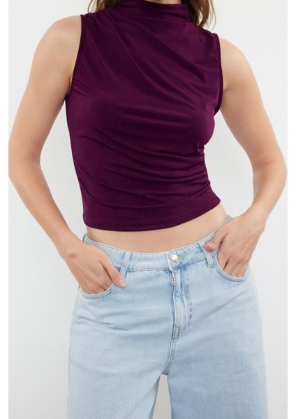 Moda Dik Yaka Örme Fit Düz Desen Casual Günlük Crop Kolsuz Bluz