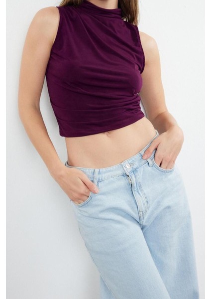 Moda Dik Yaka Örme Fit Düz Desen Casual Günlük Crop Kolsuz Bluz