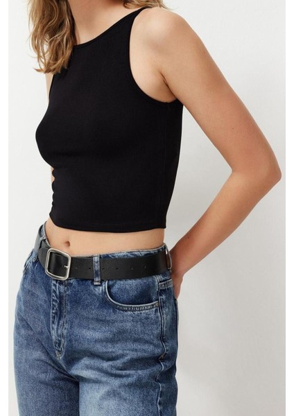 Moda Kayık Yaka Örme Slim Düz Desen Casual Günlük Crop Askılı Kol Bluz fırsatları