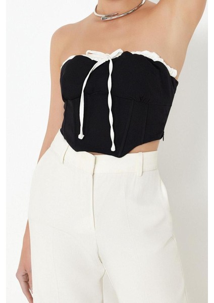 Moda Straplez Dokuma Regular Düz Desen Casual Günlük Crop Kolsuz Bluz