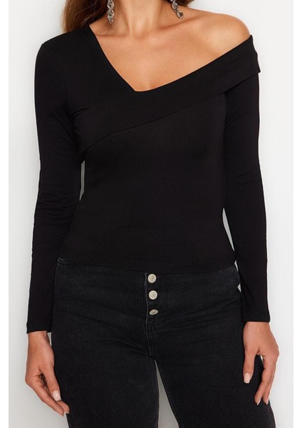 Moda Carmen Yaka Örme Slim Düz Desen Casual Günlük Crop Uzun Kol Bluz