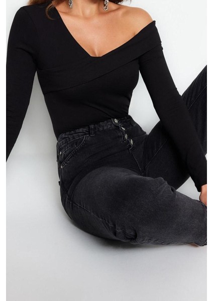 Moda Carmen Yaka Örme Slim Düz Desen Casual Günlük Crop Uzun Kol Bluz fırsatları