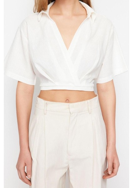 Moda V Yaka Dokuma Regular Düz Desen Casual Günlük Crop Kısa Kol Bluz