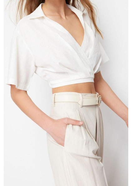 Moda V Yaka Dokuma Regular Düz Desen Casual Günlük Crop Kısa Kol Bluz fırsatları