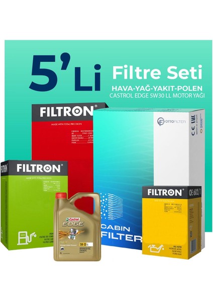 Volkswagen Polo 1.4 Dizel Filtre Bakım Seti Castrol Motor Yağlı (2014-2017) 5 Li