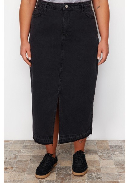 Moda Büyük Beden Regular Düz Desen Günlük Midi Boy Denim Büyük Beden Etek