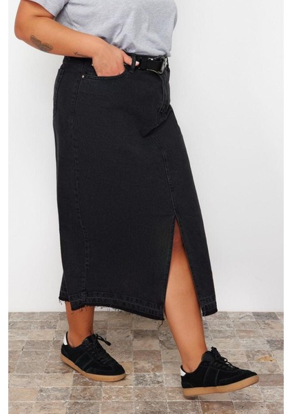 Moda Büyük Beden Regular Düz Desen Günlük Midi Boy Denim Büyük Beden Etek fırsatları