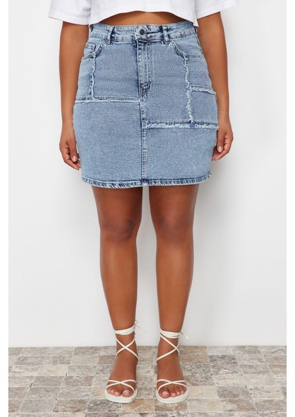 Moda Büyük Beden Regular Düz Desen Günlük Mini Boy Dikiş ve Püskül Detaylı Mini Denim Etek