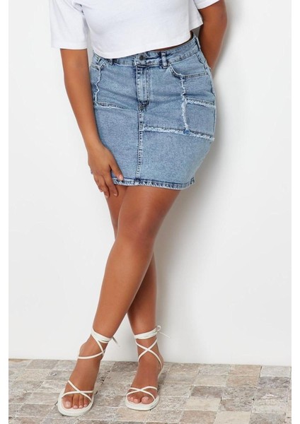 Moda Büyük Beden Regular Düz Desen Günlük Mini Boy Dikiş ve Püskül Detaylı Mini Denim Etek modelleri