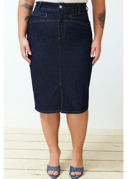 Moda Büyük Beden Kalem Düz Desen Günlük Mini Boy Yırtmaçlı Mini Kalem Denim Etek