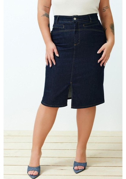 Moda Büyük Beden Kalem Düz Desen Günlük Mini Boy Yırtmaçlı Mini Kalem Denim Etek fiyatları