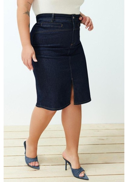 Moda Büyük Beden Kalem Düz Desen Günlük Mini Boy Yırtmaçlı Mini Kalem Denim Etek fırsatları