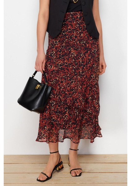 Moda Tesettür Regular Animal Desen Günlük Maxi Boy Animal Desenli Astarlı Dokuma Etek