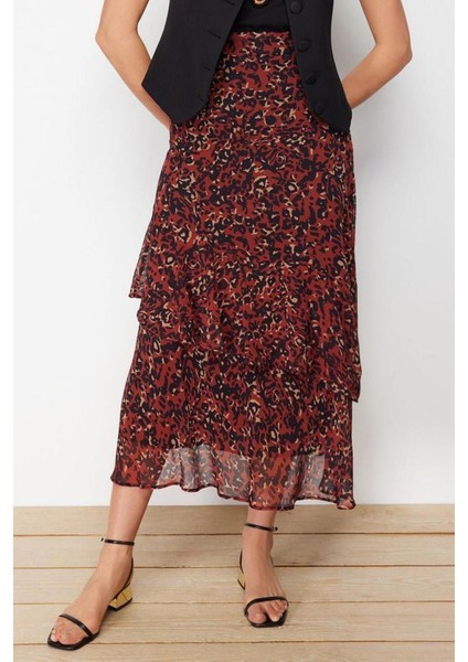 Moda Tesettür Regular Animal Desen Günlük Maxi Boy Animal Desenli Astarlı Dokuma Etek