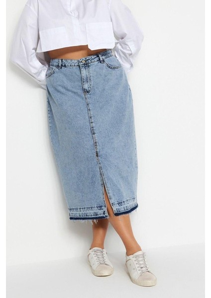 Moda Büyük Beden Regular Düz Desen Günlük Midi Boy Ön Yırtmaçlı Denim Etek fiyatları