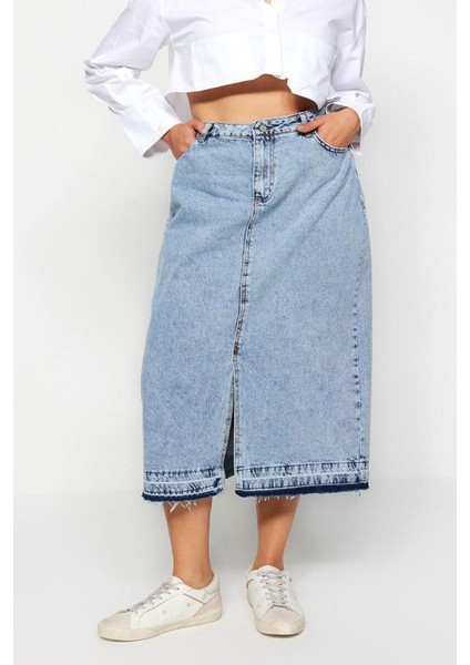 Moda Büyük Beden Regular Düz Desen Günlük Midi Boy Ön Yırtmaçlı Denim Etek fırsatları