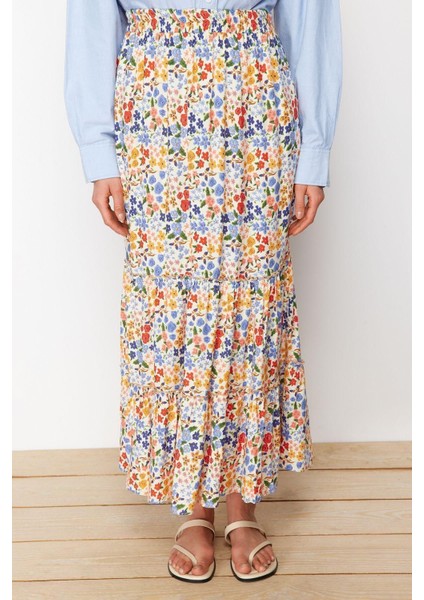 Moda Tesettür A-Line Çiçekli Desen Günlük Maxi Boy Renkli Dokuma Etek
