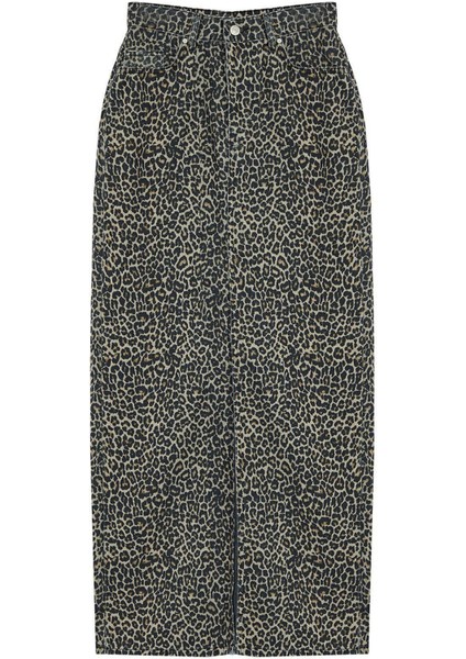 Moda Regular Animal Desen Günlük Midi Boy Leopar Desenli Maxi Denim Etek