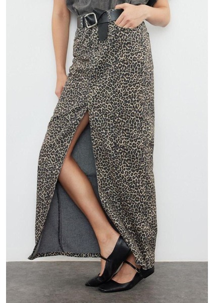 Moda Regular Animal Desen Günlük Midi Boy Leopar Desenli Maxi Denim Etek fiyatları
