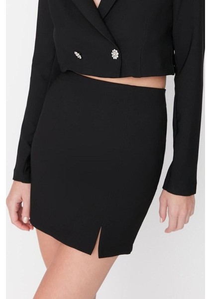 Moda Bodycon Düz Desen Şık Gece Mini Boy Yırtmaç Detaylı Dokuma Etek modelleri
