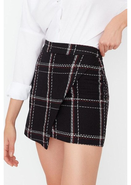 Moda Slim Fit Ekose Desen Şık Gece Mini Boy Kareli Tüvit Kumaş Kruvaze Mini Boy Dokuma Etek modelleri