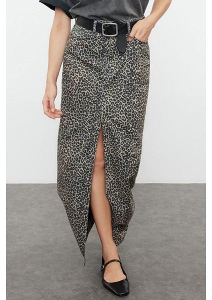 Moda Regular Animal Desen Günlük Midi Boy Leopar Desenli Maxi Denim Etek modelleri