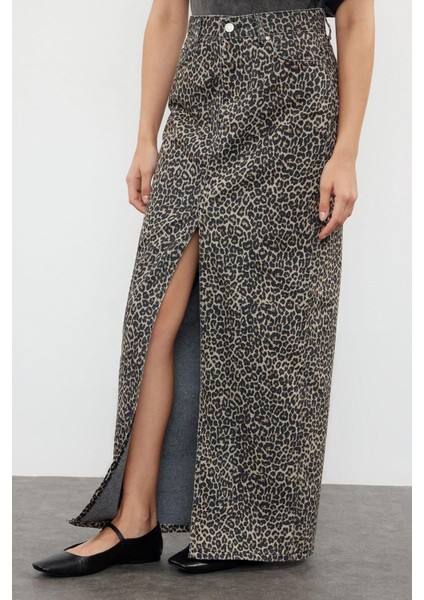 Moda Regular Animal Desen Günlük Midi Boy Leopar Desenli Maxi Denim Etek fırsatları