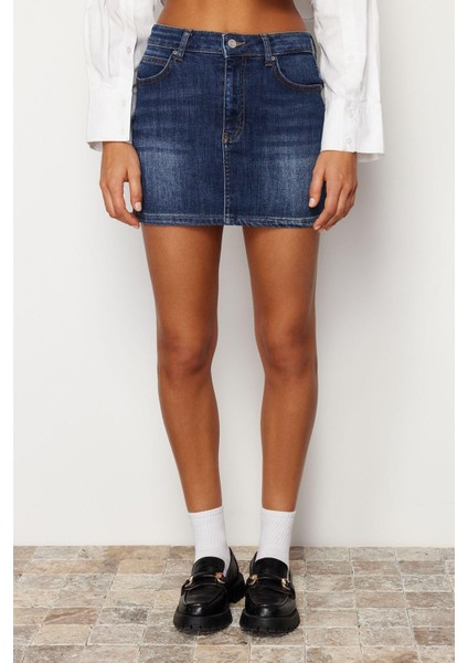Moda Denim Düz Desen Günlük Mini Boy Düşük Bel Mini Denim Etek