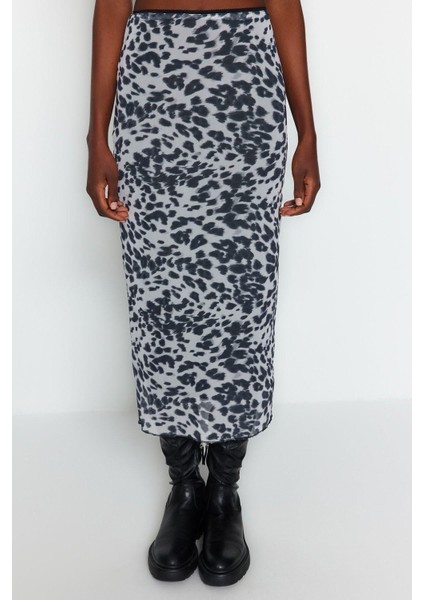 Moda Slim Baskılı Desen Günlük Maxi Boy Leopar Animal Desenli Esnek Tül Maxi Örme Etek