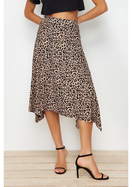 Moda Relaxed Animal Desen Günlük Midi Boy Leopar Desenli Volanlı Asimetrik Midi Esnek Örme Etek