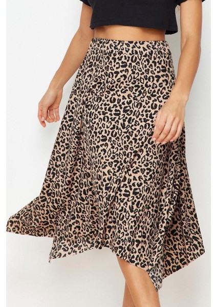 Moda Relaxed Animal Desen Günlük Midi Boy Leopar Desenli Volanlı Asimetrik Midi Esnek Örme Etek