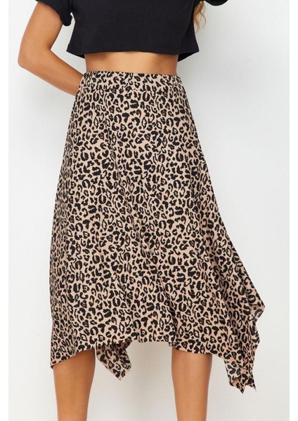 Moda Relaxed Animal Desen Günlük Midi Boy Leopar Desenli Volanlı Asimetrik Midi Esnek Örme Etek