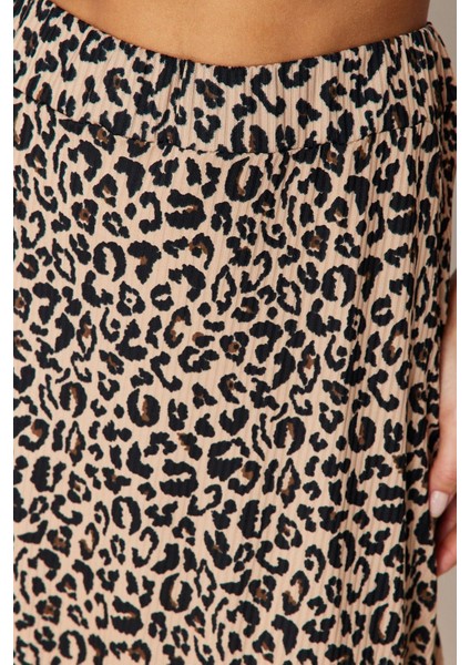 Moda Relaxed Animal Desen Günlük Midi Boy Leopar Desenli Volanlı Asimetrik Midi Esnek Örme Etek