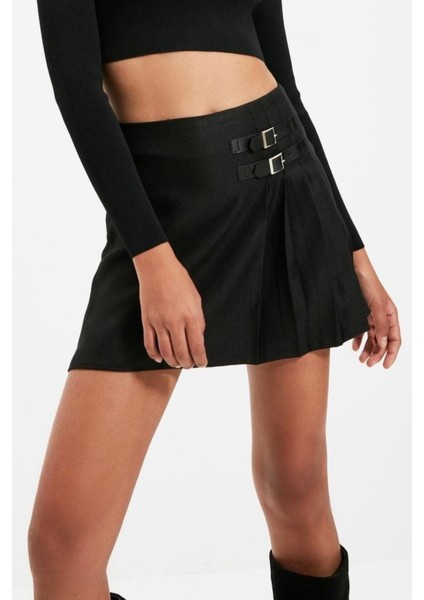 Moda A-Line Düz Desen Günlük Mini Boy Toka Detaylı Pileli Mini Boy Dokuma Etek fiyatları