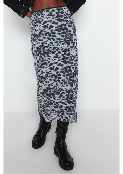 Moda Slim Baskılı Desen Günlük Maxi Boy Leopar Animal Desenli Esnek Tül Maxi Örme Etek fiyatları
