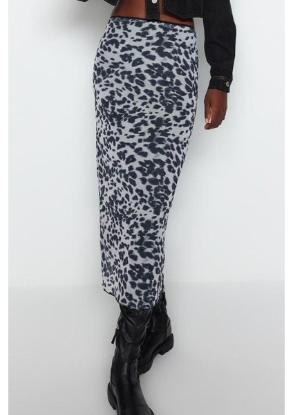 Moda Slim Baskılı Desen Günlük Maxi Boy Leopar Animal Desenli Esnek Tül Maxi Örme Etek modelleri