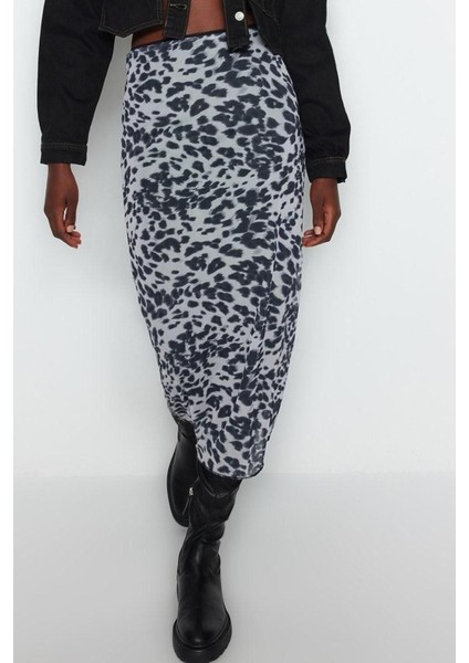 Moda Slim Baskılı Desen Günlük Maxi Boy Leopar Animal Desenli Esnek Tül Maxi Örme Etek fırsatları