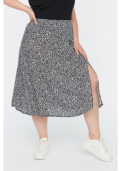 Moda Büyük Beden Regular Animal Desen Günlük Midi Boy Yırtmaçlı Dokuma Viskon Etek modelleri